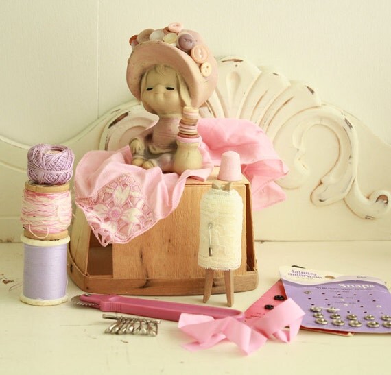 Vintage Sewing Supplies in Pink and Lavender by folkartemporium
