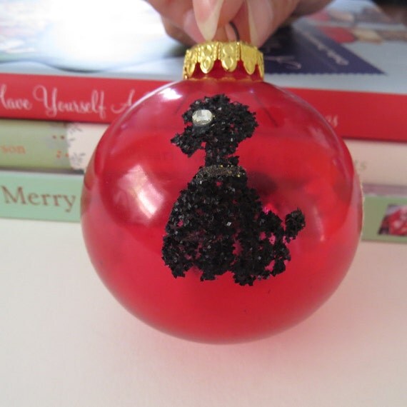 Vintage Christmas Poodles Ornament Red Glass Black and