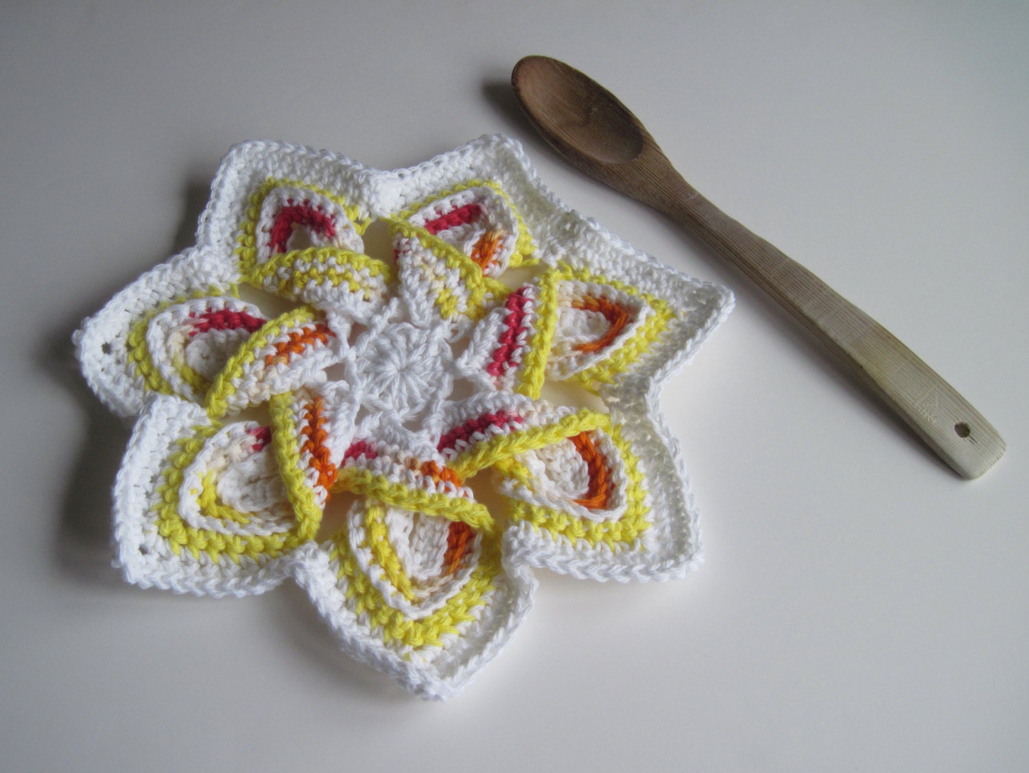 Crochet Flower Trivet Hot Pad White Yellow Pink and Orange