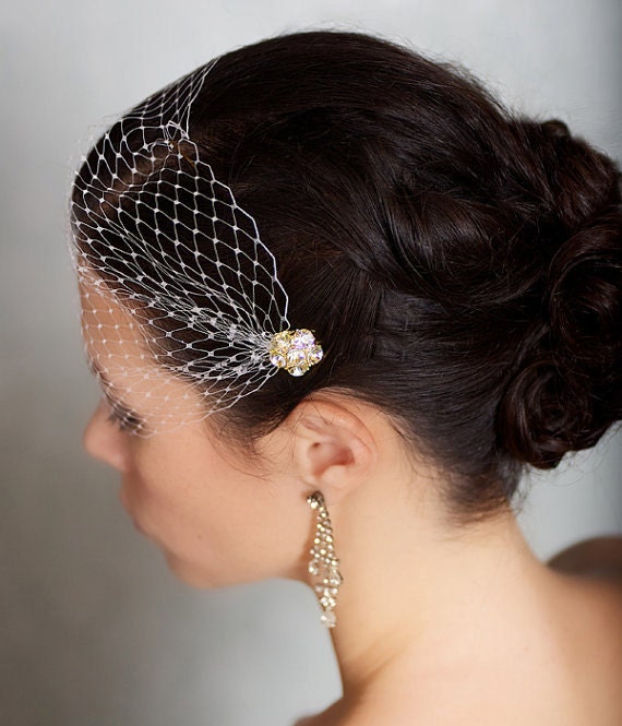 Bridal Veil and Gold Bridal Comb Bandeau Birdcage Veil Gold