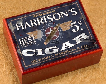 Cigar Humidor - Personalized Cigar Box with Name and Date, Bar Accessory, Birthday Gift for Him, Wedding Gift, Executive Gift
