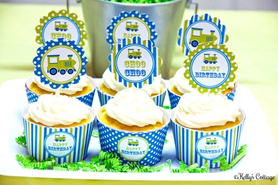Vintage Train Birthday Party Cupcake Kit- 2 Inch Party Circles and Cupcake Wrappers, Instant Download, Printable, Digital Il_570xn