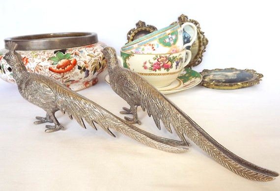 Two Peacocks Or Pheasants Silver Plated Menu Holders Table 2161