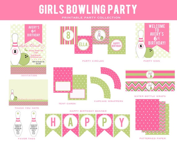 GIRLS BOWLING CHEVRON Birthday Party Collection - Pink , Black, Green - Customized Party Package Il_570xn