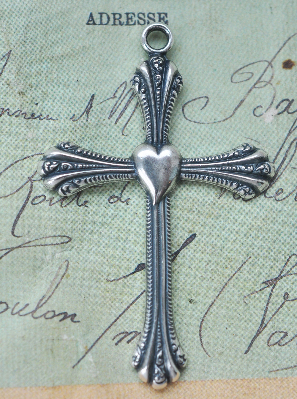 Crucifix brass pendant with heart, Sterling Silver Ox Finish
