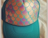 Jade trucker with hand painted mermaid goldy/lavender/aqua design