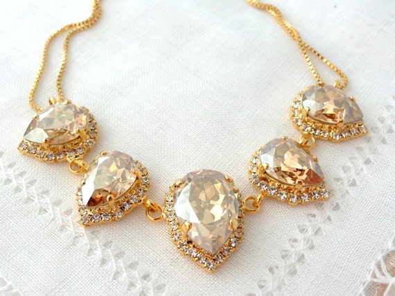 Champagne Swarovski crystal necklace, Bridal necklace,  Statement necklace, Bib necklace, Bridesmaid gift, Estate style Wedding jewelry