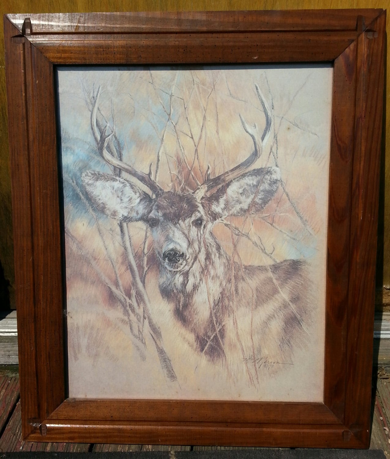 Vintage K. Maroon 1978 Framed Deer Print with Frame