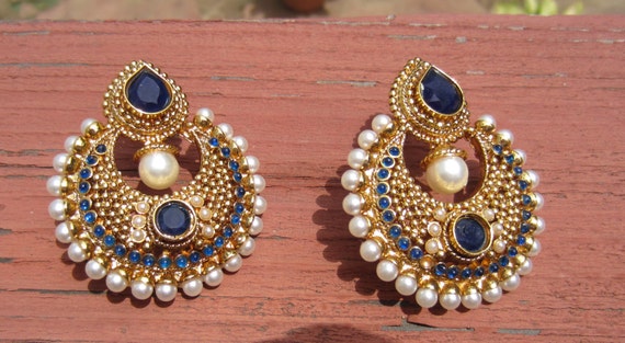 Navy Blue Stone and Pearl Chandbalis Indian Jewelry
