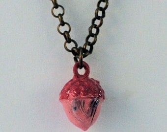 Peter Pan's Kiss for Wendy Acorn Necklace in Hand Painted Metal and Brass - Pink