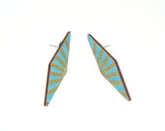 Stud Earrings - Fabric Covered Wood Earrings Blue Gold