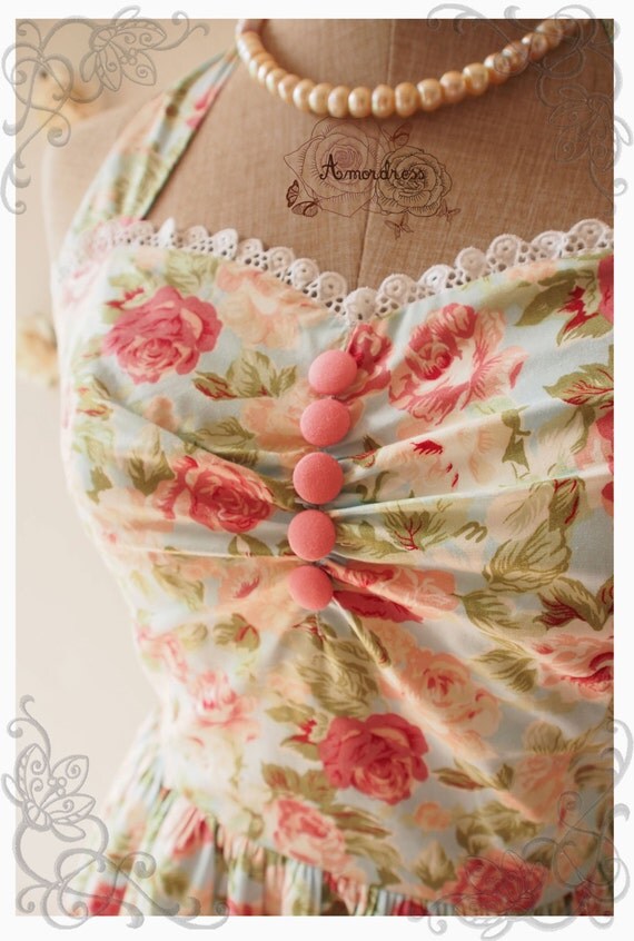 Autumn Floral Tea Dress Floral Bridesmaid Dress Romantic Vintage Inspired Floral Prom Dress Blue Floral Party Dress -Size XS-XL, Custom