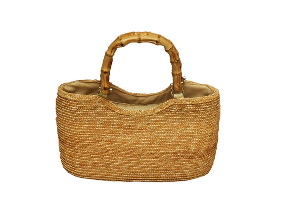 Straw Handbag, Bamboo Wood Handle