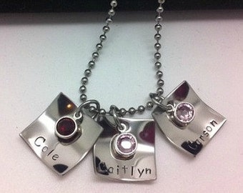 Personalized Hand stamped Triple Square Mommy Family Necklace with Birthstones