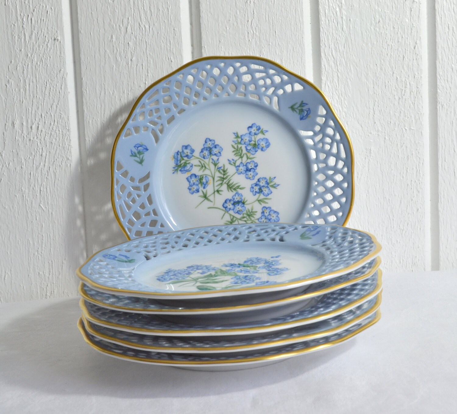 Blue dessert plates vintage Swedish blue china laced