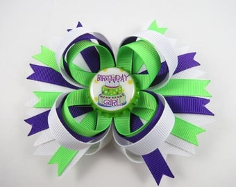 Birthday Hair Bow - Purple and Green Hair Bow - Purple Hair Bow - Green Hair Clip - Birthday Hair Clip