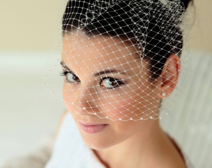 Russian net Birdcage with pearls, bridal veil, wedding veil, short veil