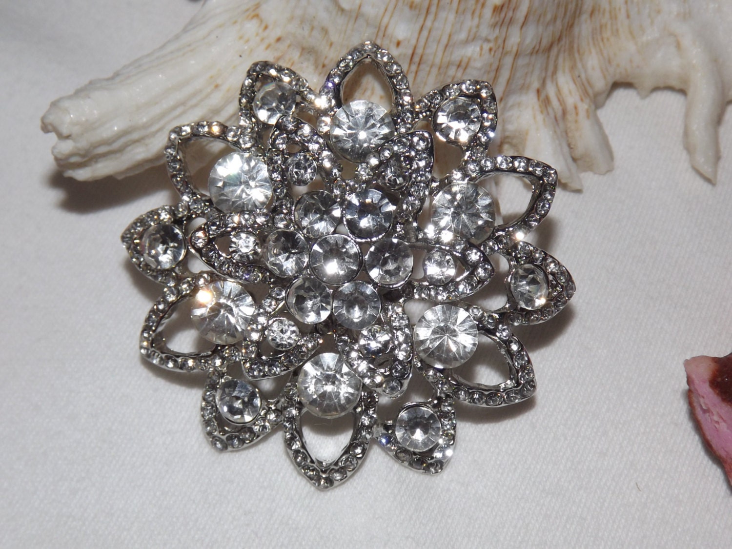 Rhinestone Crystal Wedding Bouquet Silver Flower Brooch Pin