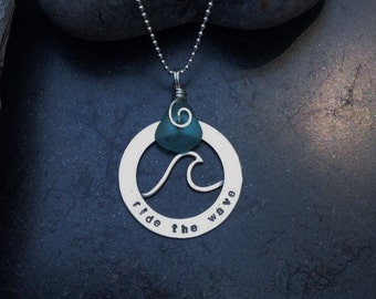 Sea glass jewelry, Ride the wave surfer girl necklace with blue sea glass