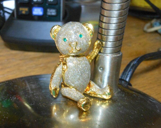 SALE Articulated teddy bear brooch sparkling glitter enamel finish over glossy gold tone with emerald green rhinestone eyes good as desk ...