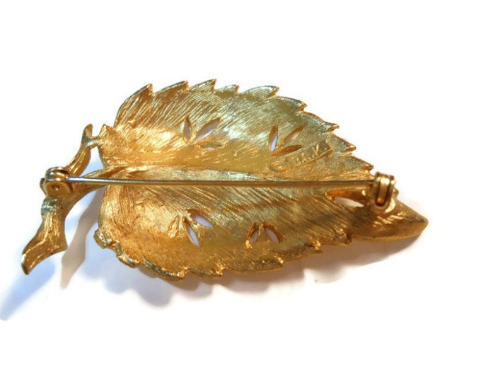 FREE SHIPPING BSK figural leaf brooch with cut out work - gold plated brush work.