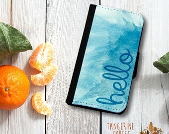 Hello! Watercolor Wallet Phone Case In Pink, Blue Or Green. Available for iPhone 4/4s, 5/5s, 5c, 6/6s or 6+/6s+