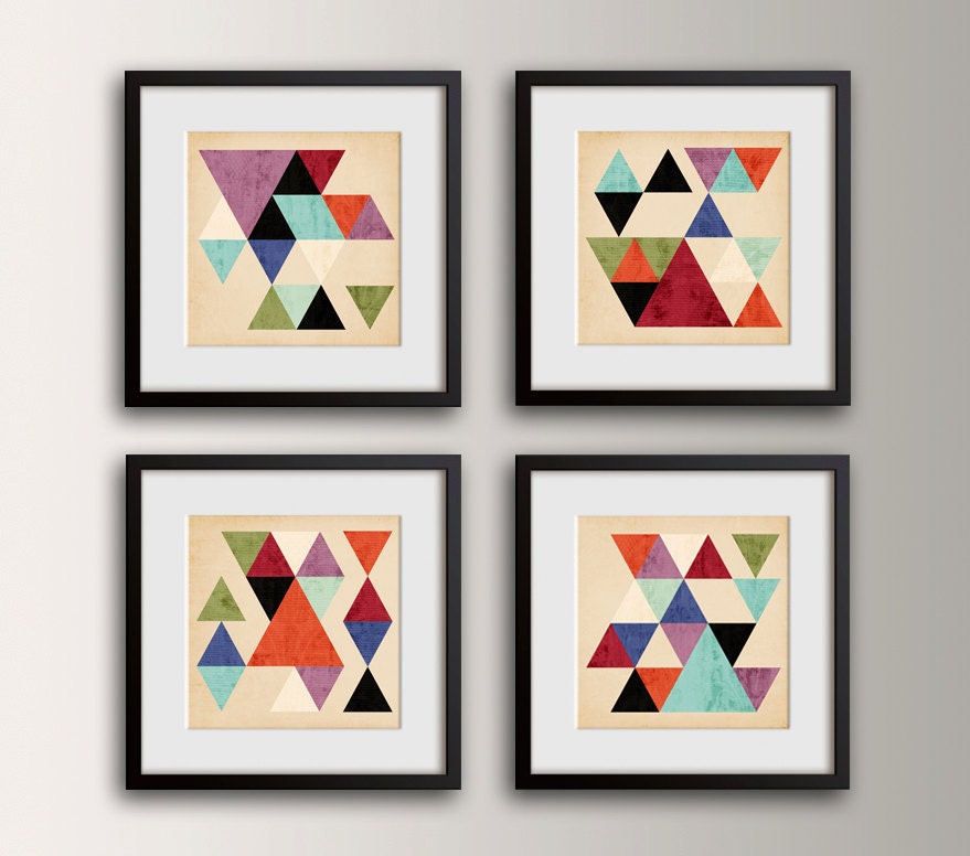 Mid Century Geometric Art Set of 4 Square Prints Modern