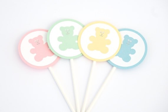 Teddy Bear Cupcake Toppers, Set of 12, Gender Neutral Baby Shower Decoration, Pastel Baby Shower, Baby Shower Toppers Il_570xn
