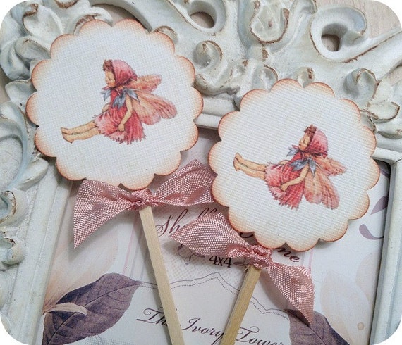10 Set  Cottage Chic Fairy  cupcakes of Shabby   Vintage  Toppers fairytale Baby vintage Cupcake