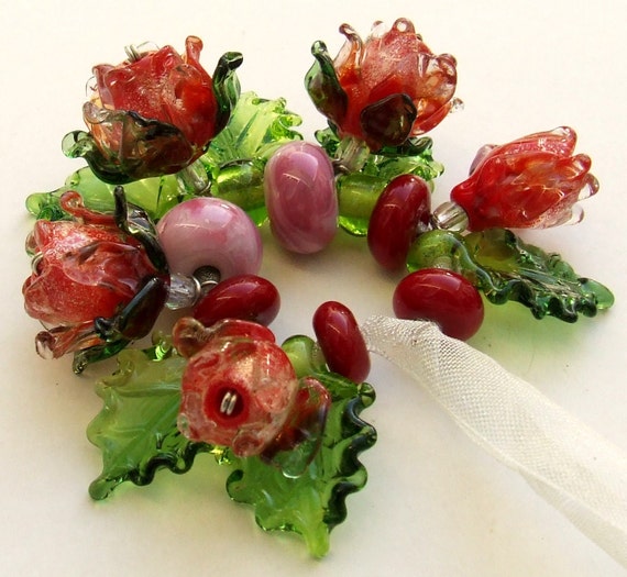 Lampwork Glass Flower Beads for Jewelry Making Romantic Red