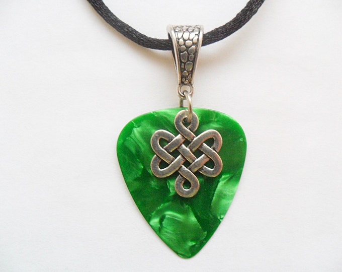 Green Guitar pick necklace with Celtic Knot charm that is adjustable from 18" to 20"