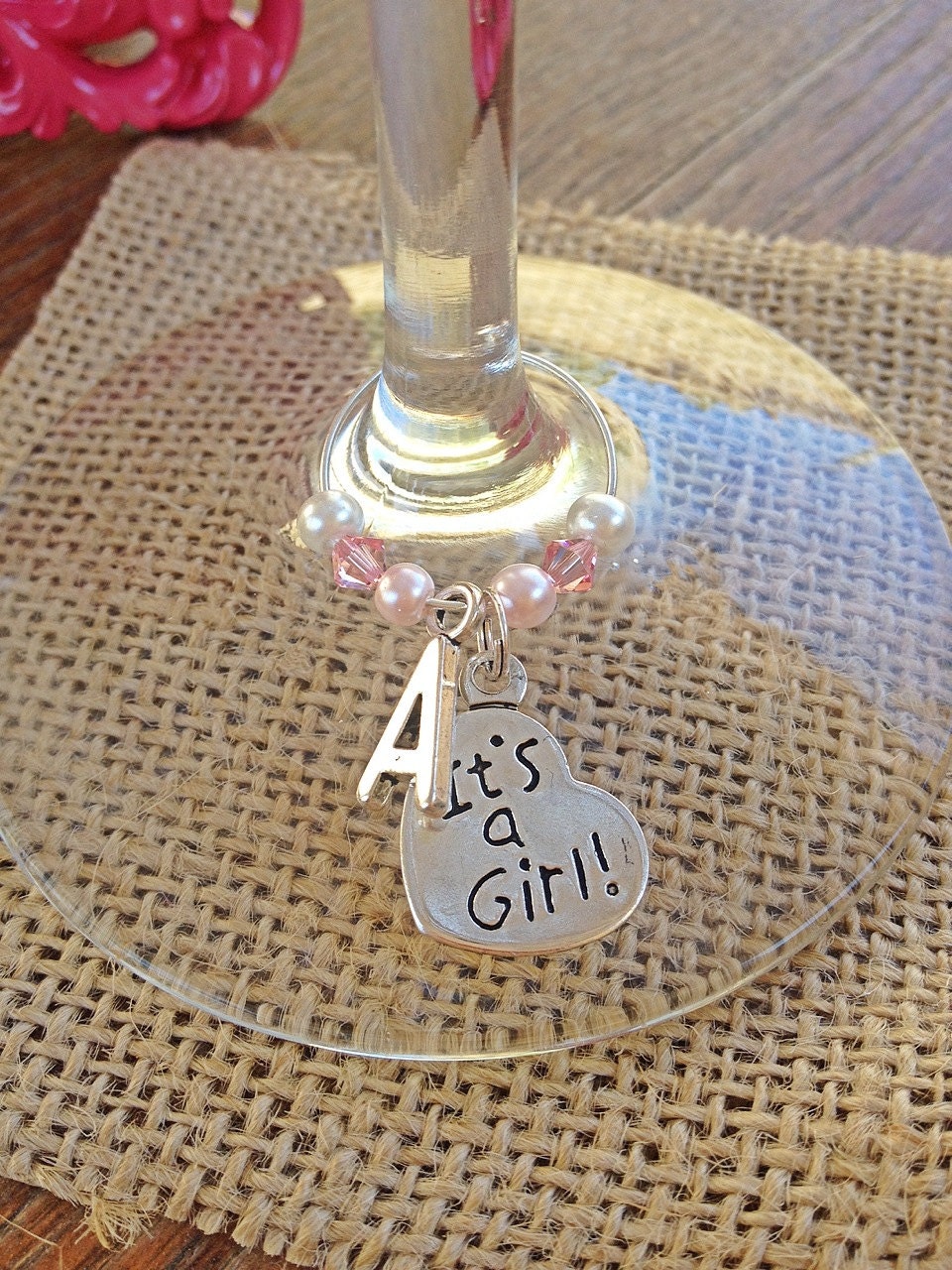 Baby Shower Pink Wine Charm Favors With Monogram Charm by afalasca