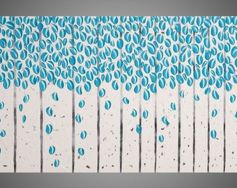 Large Painting Turquoise Wall art deco Birch tree painting abstract acrylic impasto painting on canvas 72" x 24" Made to Order by ilonka