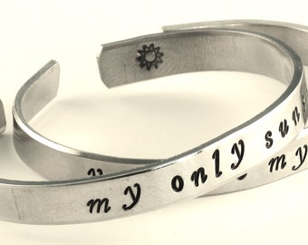 925 Sterling Silver you are my sunshine/ my only sunshine - Hand Stamped Bracelets Set Forever Love Mother Daughter Bracelets Handwritten