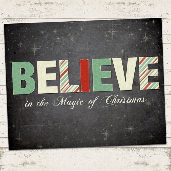 Christmas Decor - Art Print - Believe in the Magic - Home Decor - Vintage/Blackboard - 8 X 10 - Typography Art Print - Digital File Il_570xn