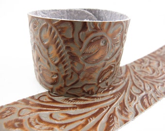 Tooled Grey/Copper Leather Cuff Bracelet 1-5/8" Wide, #57-841613