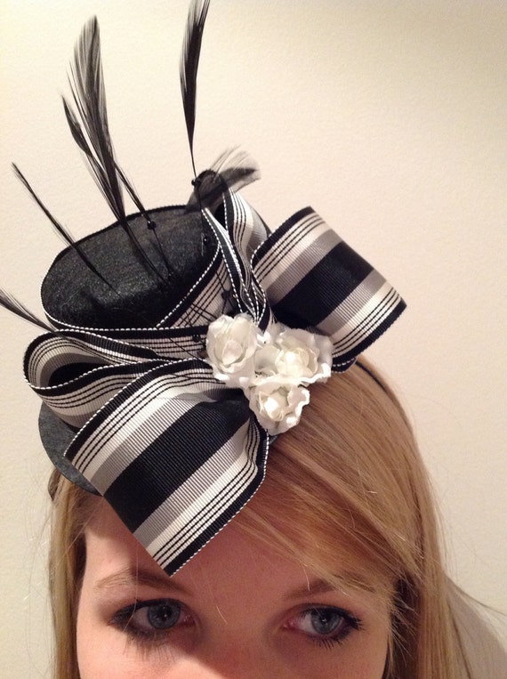 Items similar to Black, white and grey Fascinator Birdcage headband Stripe hat Handmade