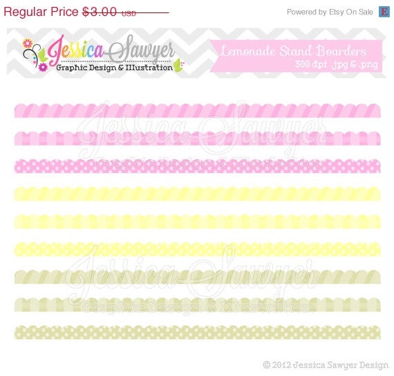 50% OFF - INSTANT DOWNLOAD, lemonade stand scalloped border clip art, pink, yellow, green edge clipart, scrapbook digital ribbon, commercia Il_570xn