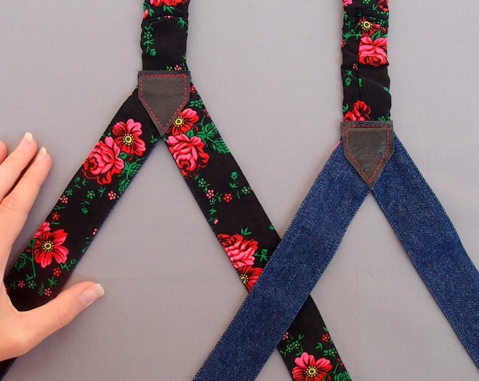 Black Floral Womens Suspenders Reversible Denim Suspenders Women Textile Braces Girlfriend Gift Suspenders with flowers