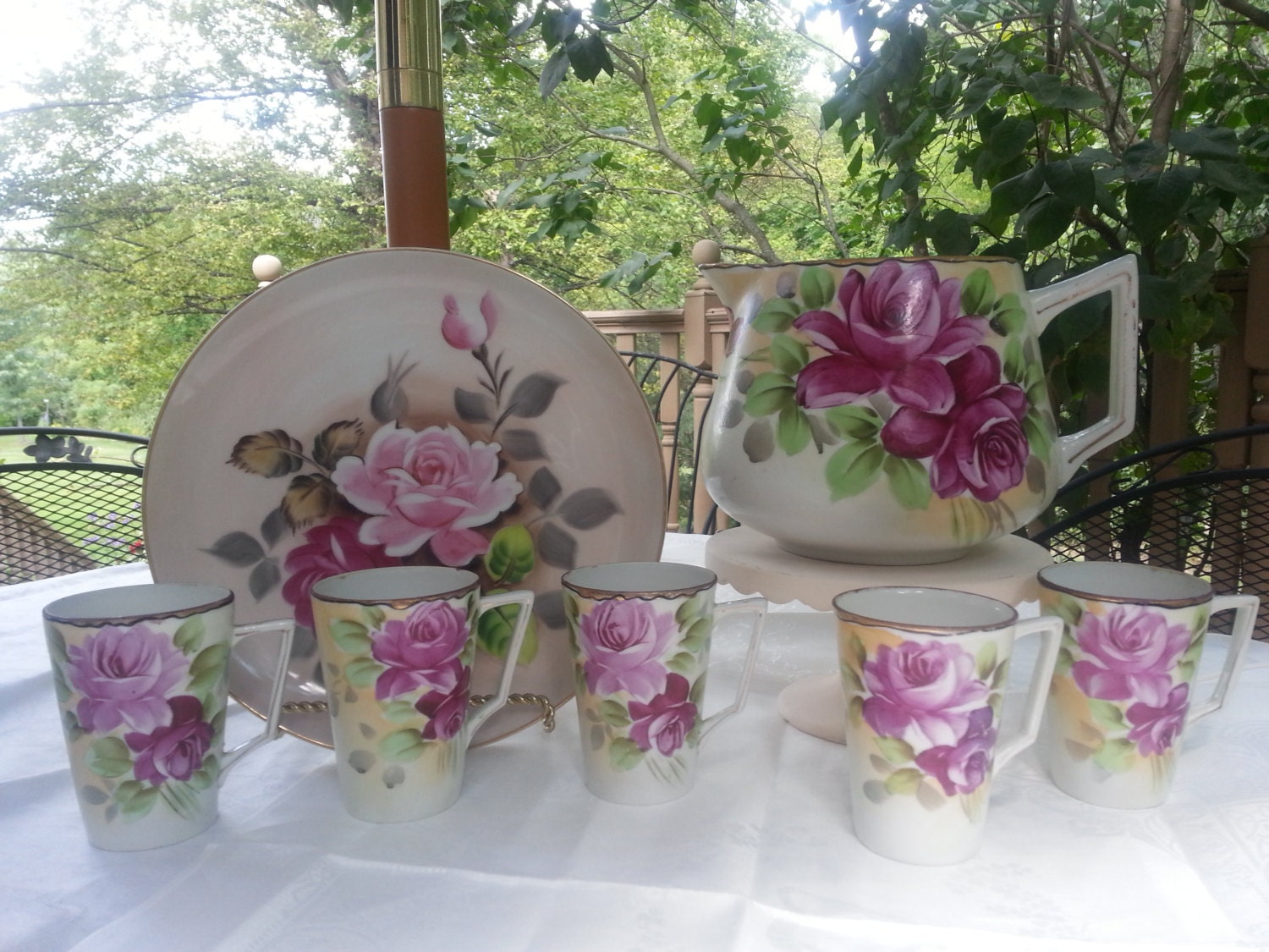 Stunning Antique Nippon Lemonade Set Pink Roses Hand