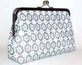 Linen Clutch - Blue Grey Gunmetal Denim and Off White Geometric Check Pattern, Casual Spring and Summer Bag, Purse