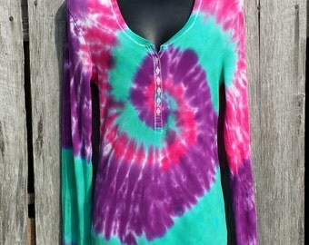 Women's Tie Dye Long Sleeve Henley, Juniors XXL, Pink Purple and Aqua ...