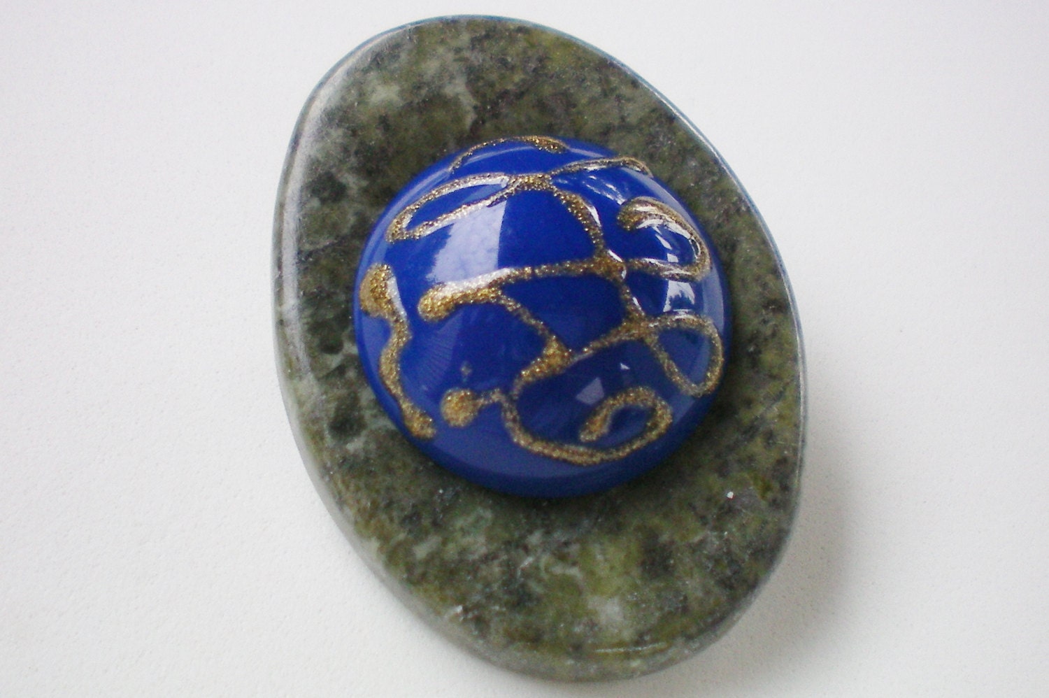 Green stone incense burner and button pin or by OutsiderArtJewelry