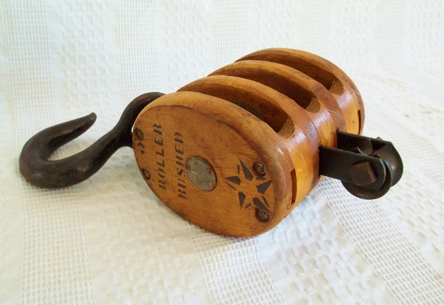 Vintage triple pulley block and tackle iron and wood Boston