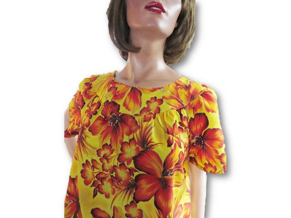 Vintage Hawaiian Dress, 50s 60s MuuMuu, Yellow Red Hibiscus Print ...