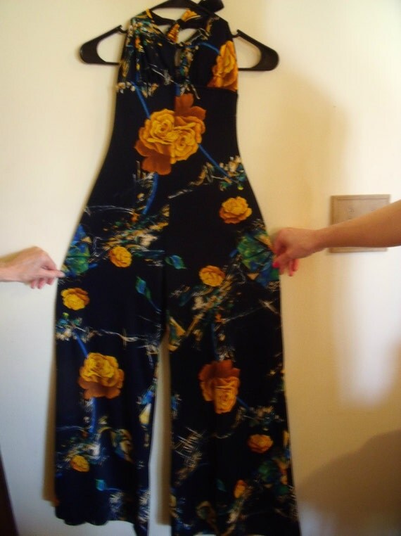 Vintage Frederick’s of Hollywood Jumpsuit Navy With Floral Pattern Circa 1970s Bell Bottom Disco Cool