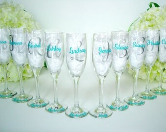 10 Personalized Toasting Flutes - Bridesmaid Champagne Glasses - Bridesmaid Toasting Flutes - Wedding Party Flutes - Monogrammed Champagne