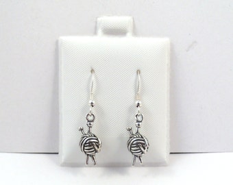 Sterling Silver Yarn & Needles Charms on Sterling Silver French Hook Dangle Earrings-2252