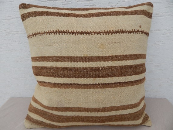 24x24 Cream and Brown Natural Historical Kilim Pillow Cover Organic Throw Boho Retro Pillow Rustic Decor  Shabby Chic Bohemian Home Decor