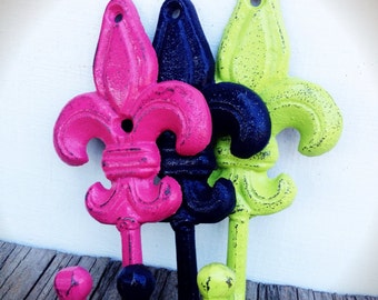 BOLD fleur de lis wall hooks // hot pink lime green navy blue // towel coat hook // nautical tropical hand painted cast iron